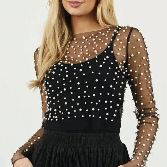 Black Casual Women's Rave Elegant Pearls Beaded Mesh Sheer Cover Up - Picture 4 of 6